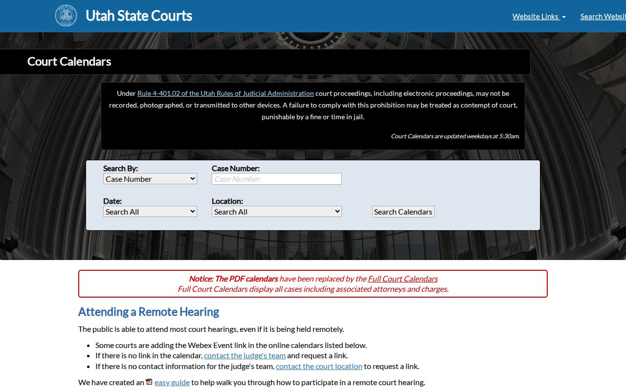Utah public court calendar search for Tooele County settings