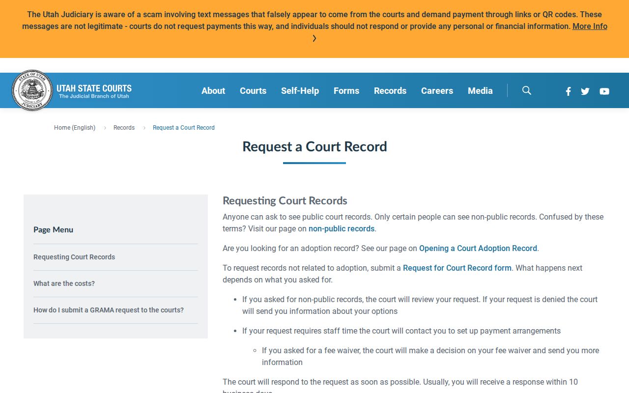 Utah court record request guidance for Tooele County