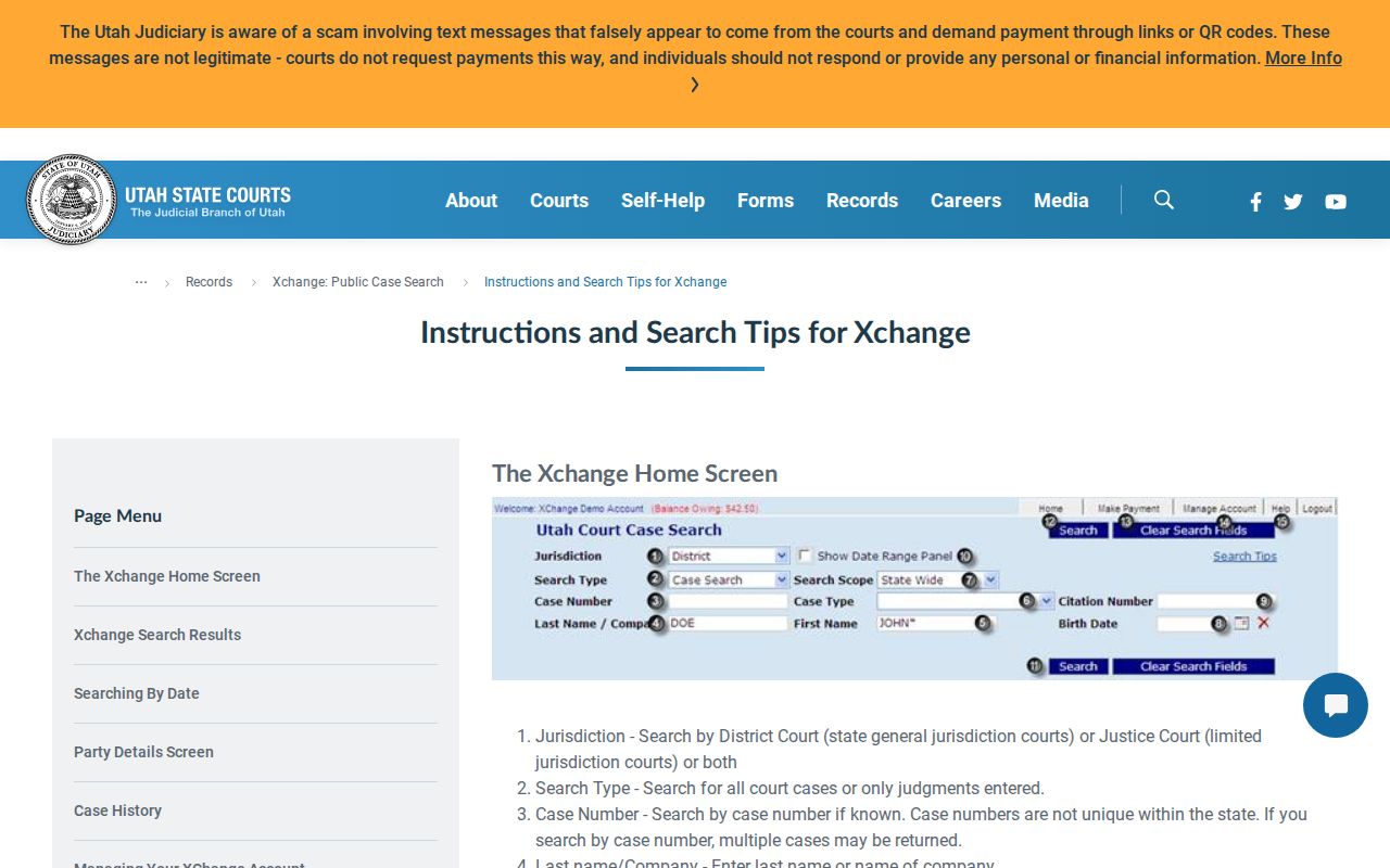 Official Utah Xchange help for Tooele County case searches